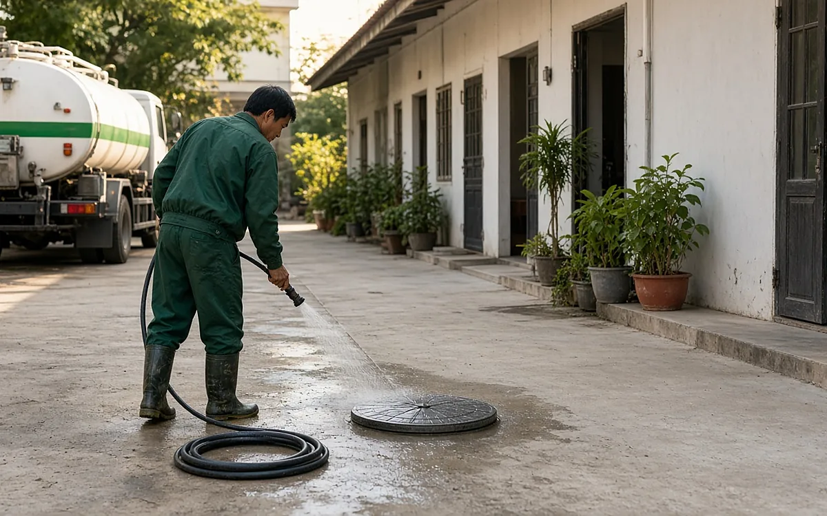 Công nhân đồng phục xanh đậm đi ủng cầm vòi xịt rửa sạch nền sân bê tông quanh nắp bể phốt tròn đã đóng kín sau khi hút, xe hút trắng sọc xanh đỗ ở đầu ngõ, dãy phòng trọ gọn gàng với các chậu cây xanh dọc hiên