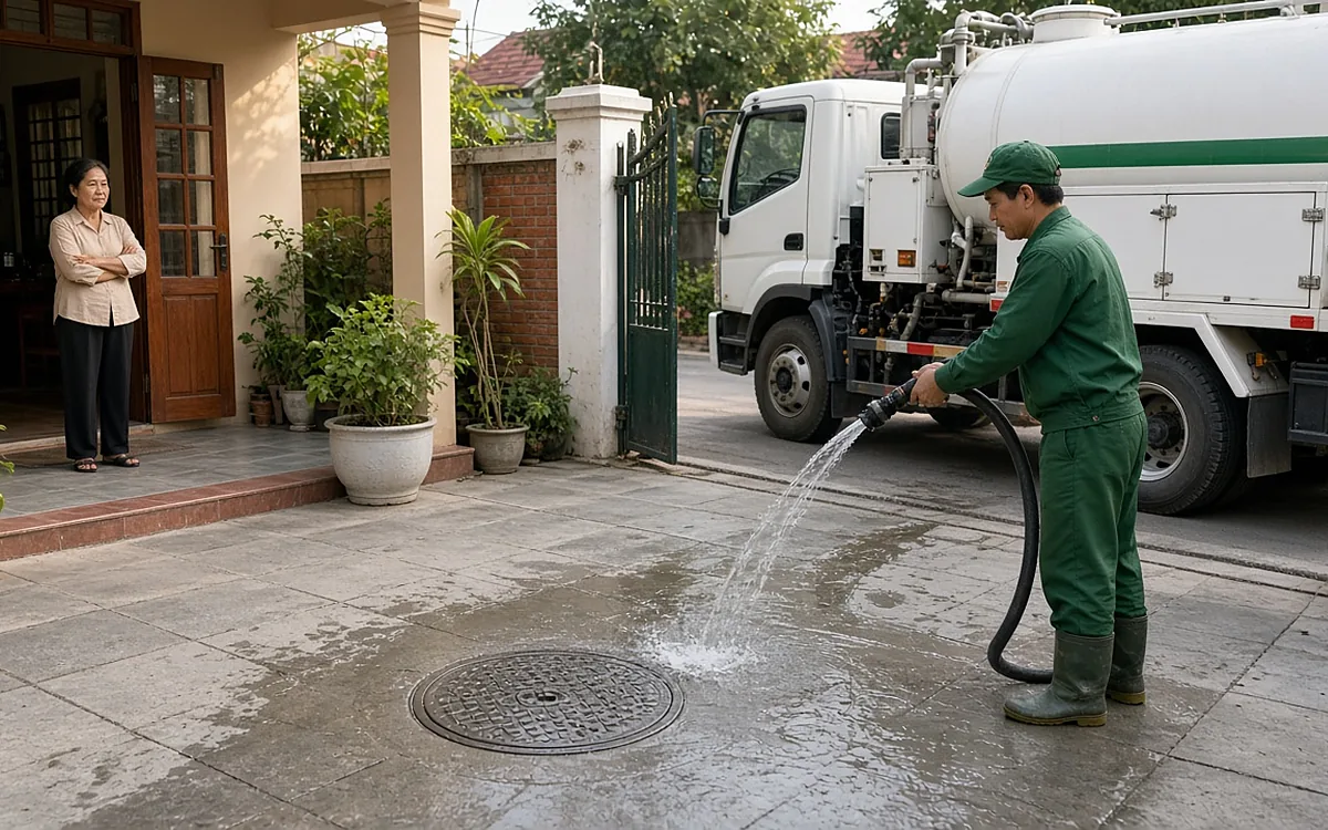 Kỹ thuật viên Môi Trường Việt Yên đi ủng cao su dùng vòi nước xịt rửa sân lát gạch quanh nắp bể phốt bằng gang sau khi hút, xe hút trắng sọc xanh đỗ ngoài cổng, bà chủ nhà đứng trước hiên quan sát