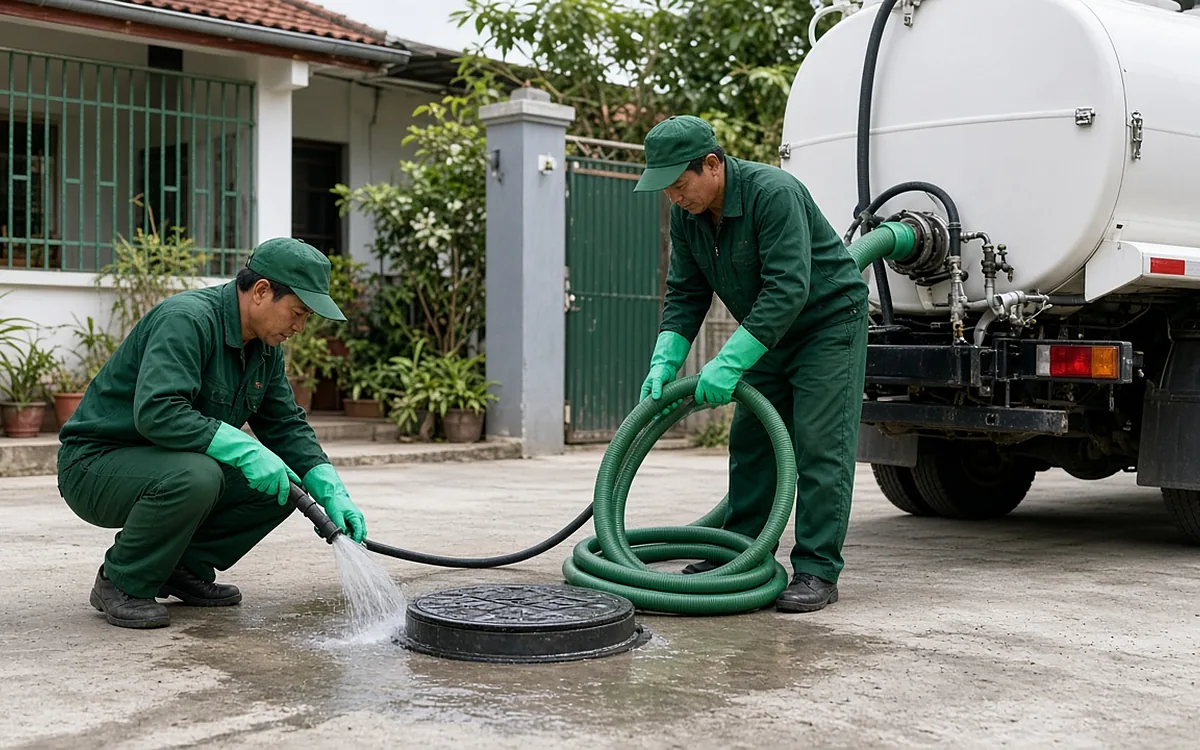 Hai kỹ thuật viên rửa sạch quanh nắp bể đã đóng và cuộn ống hút sau khi hút bể phốt tại nhà dân Kiến Thụy