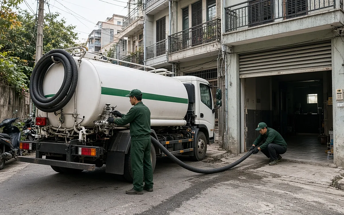 Xe hút bể phốt màu trắng có sọc xanh lá đỗ trong ngõ trước nhà ống có cửa cuốn mở, cuộn ống hút đen trên bồn xe, hai công nhân đồng phục xanh đậm đội mũ lưỡi trai, một người đứng điều chỉnh van ở đuôi xe, một người ngồi xổm ở cửa nhà kéo ống hút màu đen vào trong