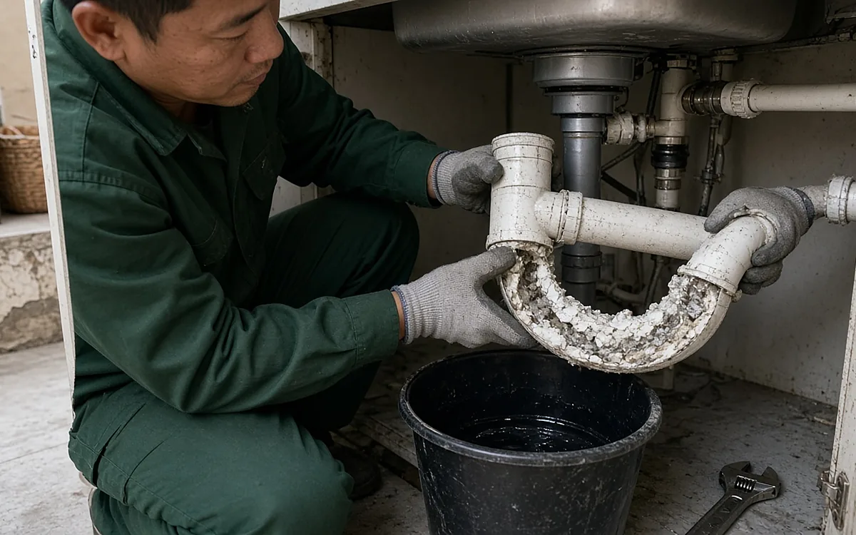 Kỹ thuật viên mặc đồng phục xanh đậm, đeo găng tay len xám ngồi dưới gầm chậu rửa, cầm đoạn xi phông nhựa trắng hình chữ U vừa tháo ra, lòng ống bám đầy cặn khoáng trắng và chất bẩn, bên dưới là xô nhựa đen, cờ lê đặt trên sàn