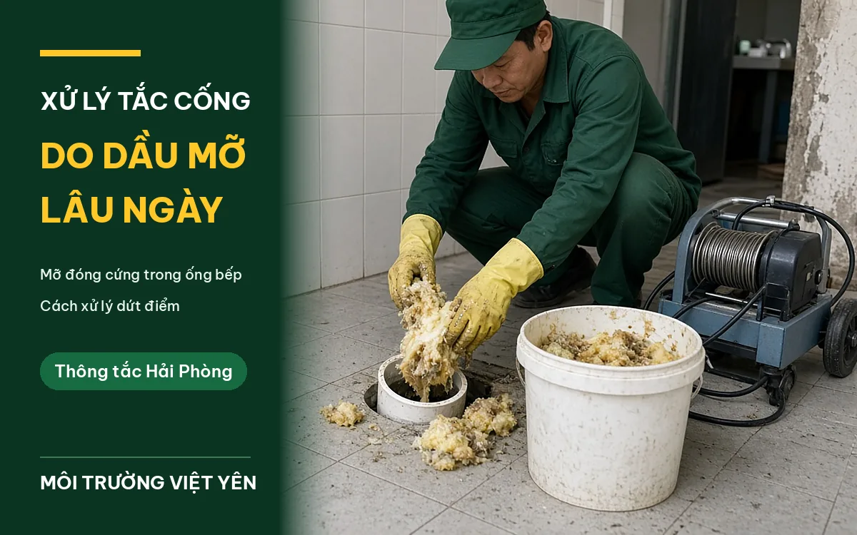 Kỹ thuật viên mặc đồng phục xanh đậm, đội mũ lưỡi trai, đeo găng tay cao su vàng quỳ bên miệng thoát sàn đã mở sau bếp, bốc những tảng mỡ đóng cứng màu vàng bỏ vào xô nhựa trắng, bên phải là máy thông tắc lò xo, ảnh bìa bài xử lý tắc cống do dầu mỡ